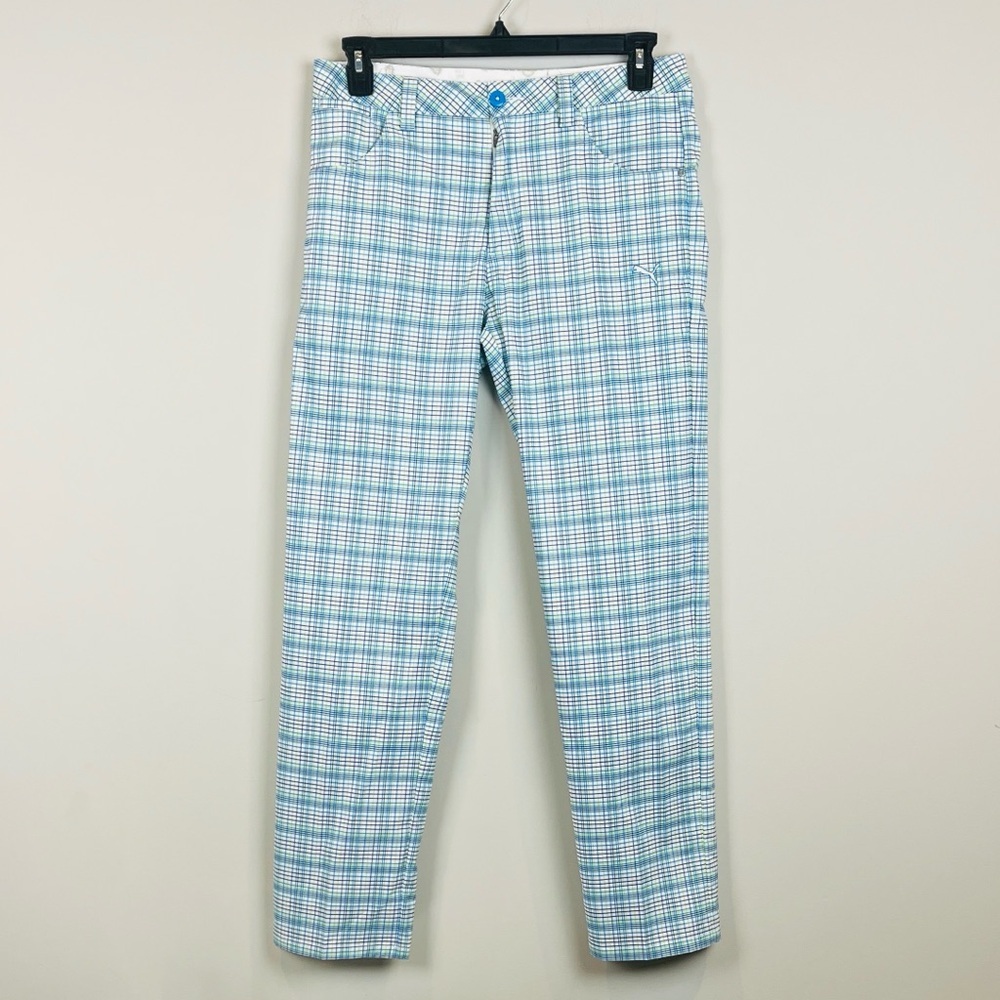 Puma Men's 32X32 Performance Plaid Golf Straight Flat Front Blue White Pants